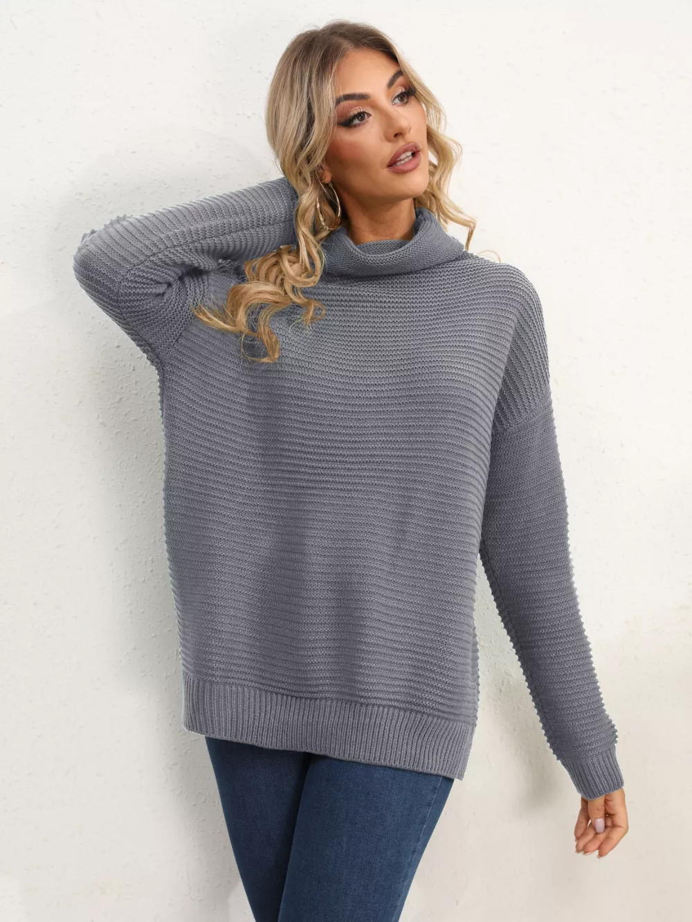 Slit Turtleneck Dropped Shoulder Sweater - Image 23