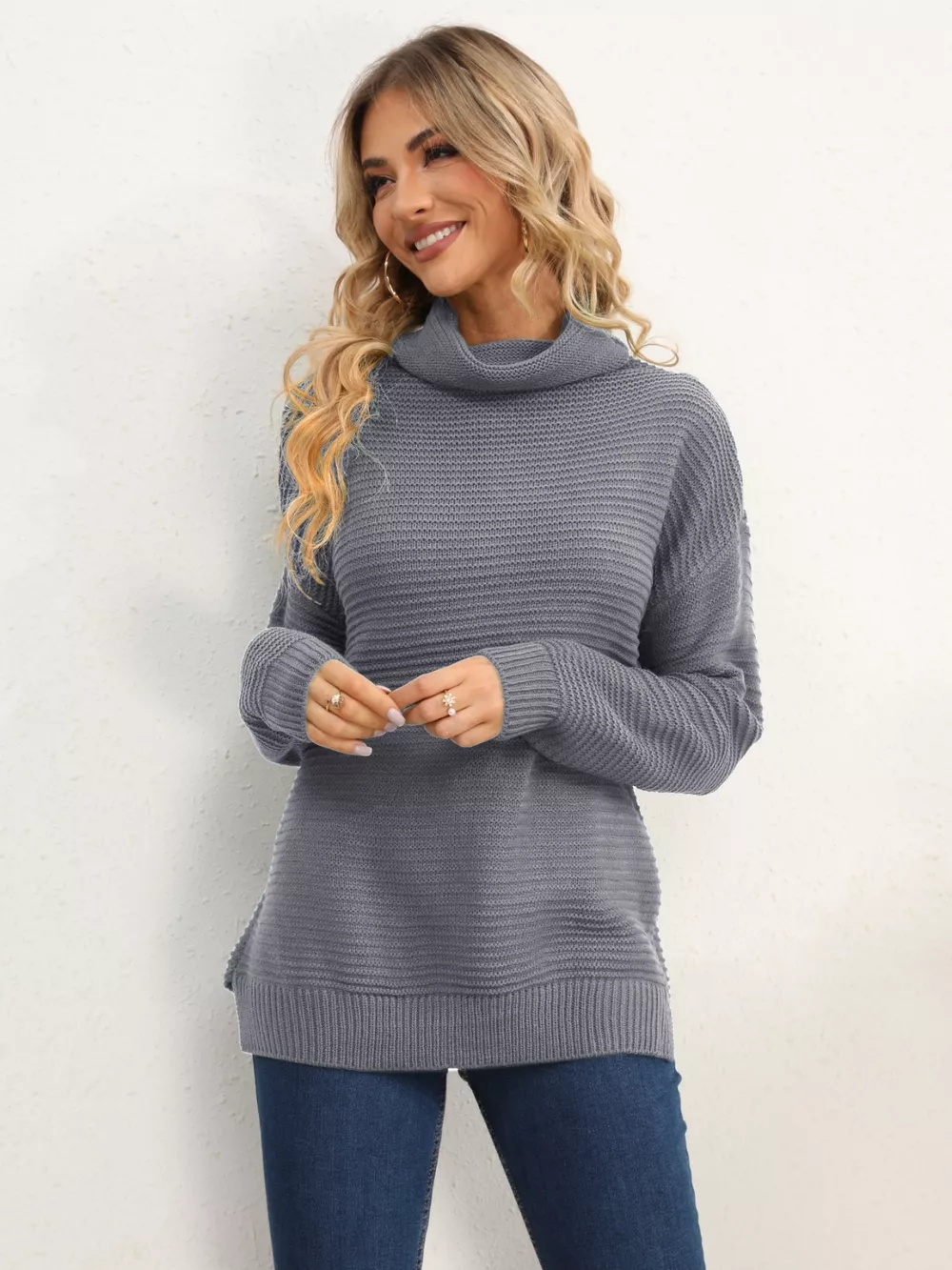 Slit Turtleneck Dropped Shoulder Sweater - Image 24