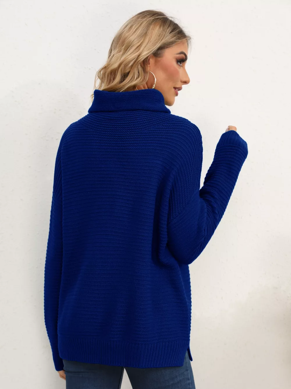 Slit Turtleneck Dropped Shoulder Sweater - Image 26