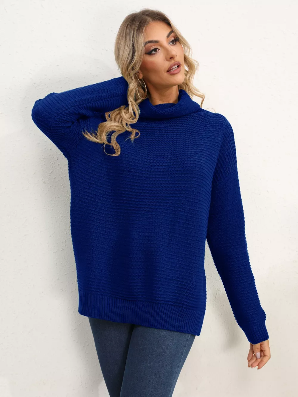Slit Turtleneck Dropped Shoulder Sweater - Image 29