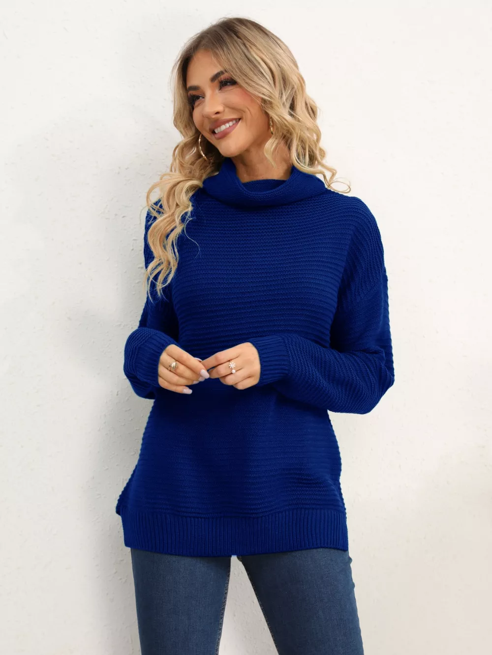 Slit Turtleneck Dropped Shoulder Sweater - Image 30