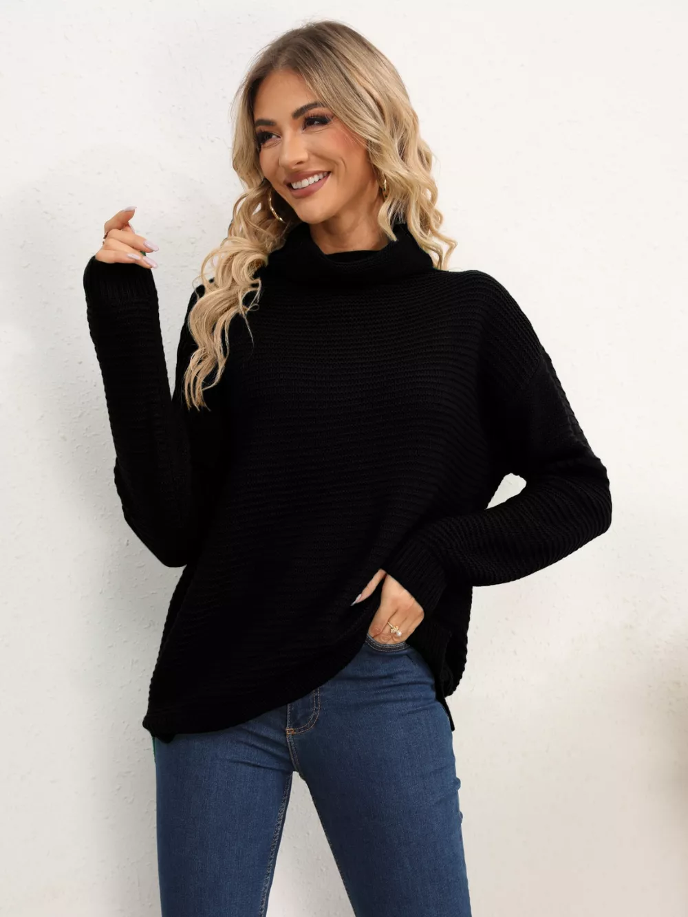 Slit Turtleneck Dropped Shoulder Sweater - Image 31
