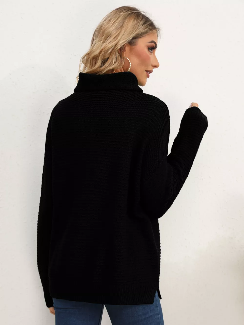 Slit Turtleneck Dropped Shoulder Sweater - Image 32