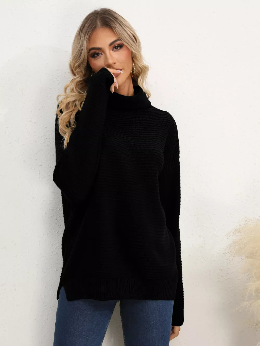 Slit Turtleneck Dropped Shoulder Sweater - Image 33
