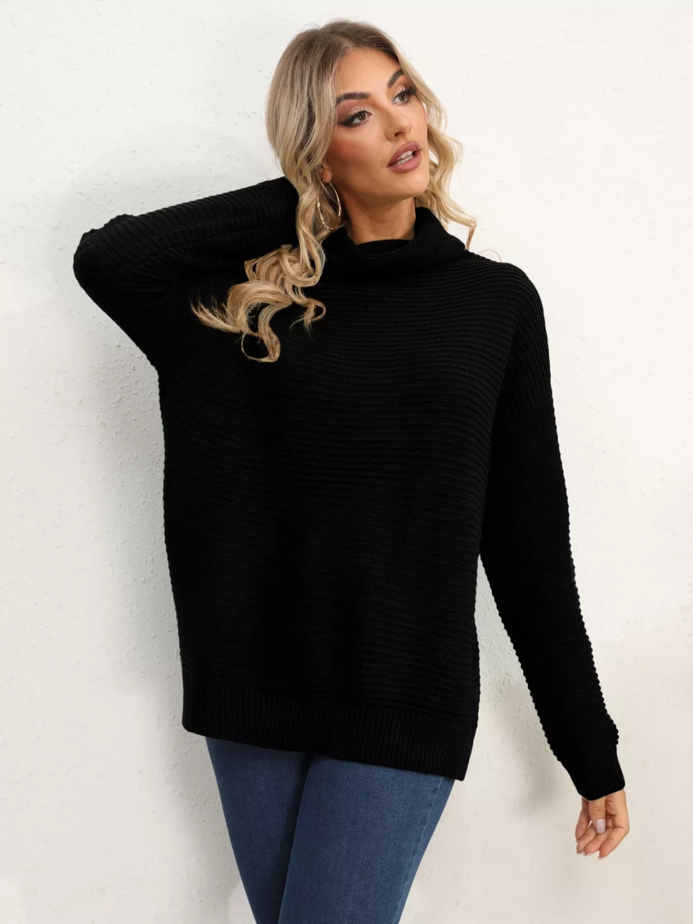 Slit Turtleneck Dropped Shoulder Sweater - Image 35