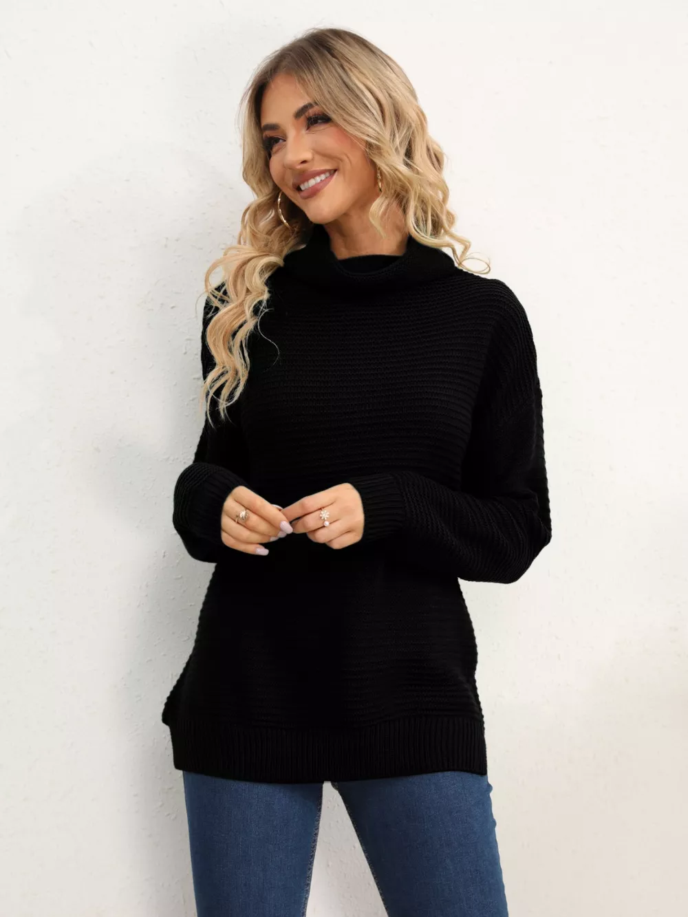Slit Turtleneck Dropped Shoulder Sweater - Image 36