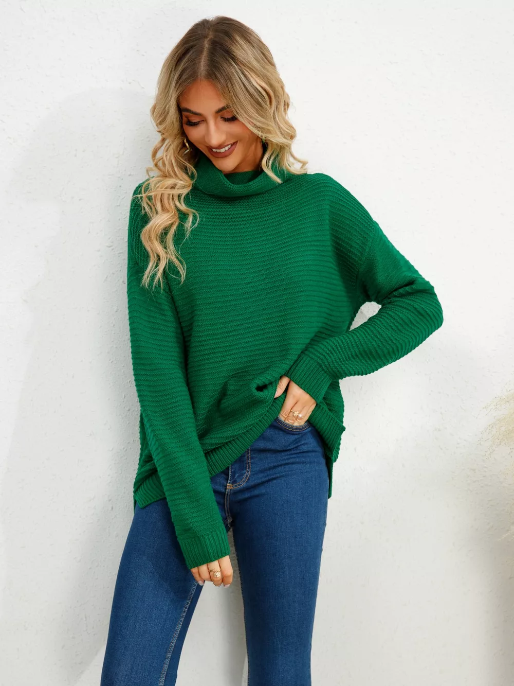 Slit Turtleneck Dropped Shoulder Sweater - Image 4