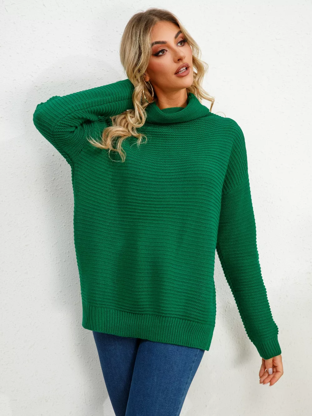 Slit Turtleneck Dropped Shoulder Sweater - Image 5