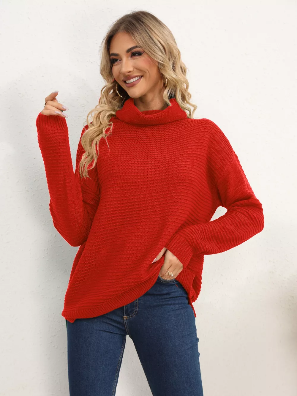 Slit Turtleneck Dropped Shoulder Sweater - Image 7