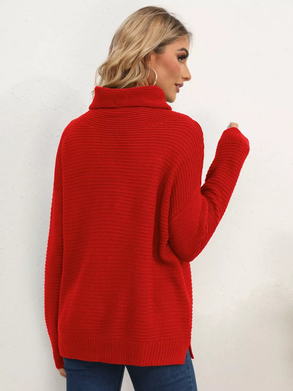 Slit Turtleneck Dropped Shoulder Sweater - Image 8