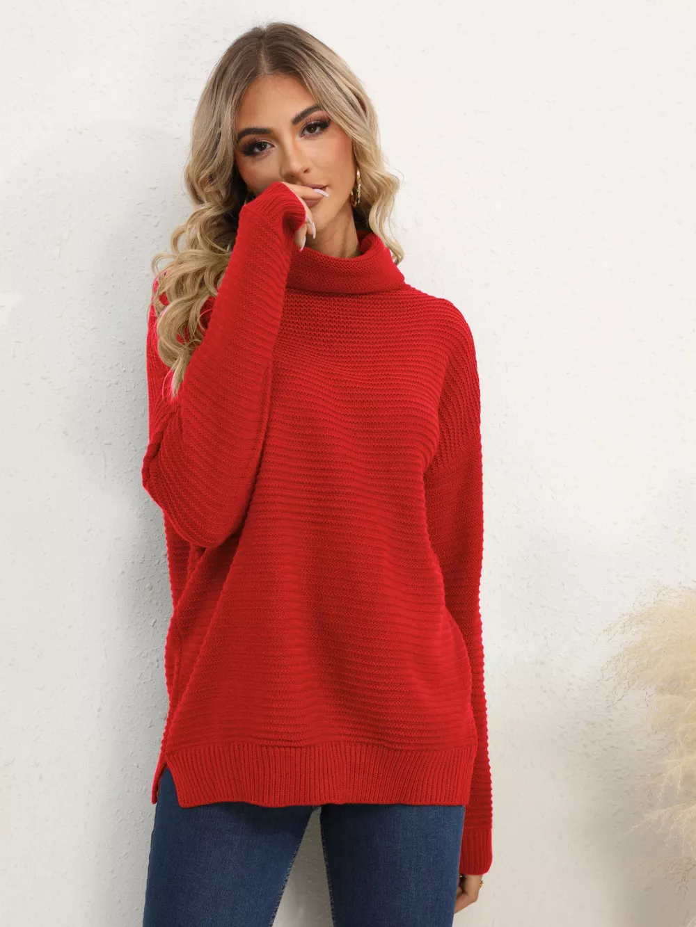 Slit Turtleneck Dropped Shoulder Sweater - Image 9