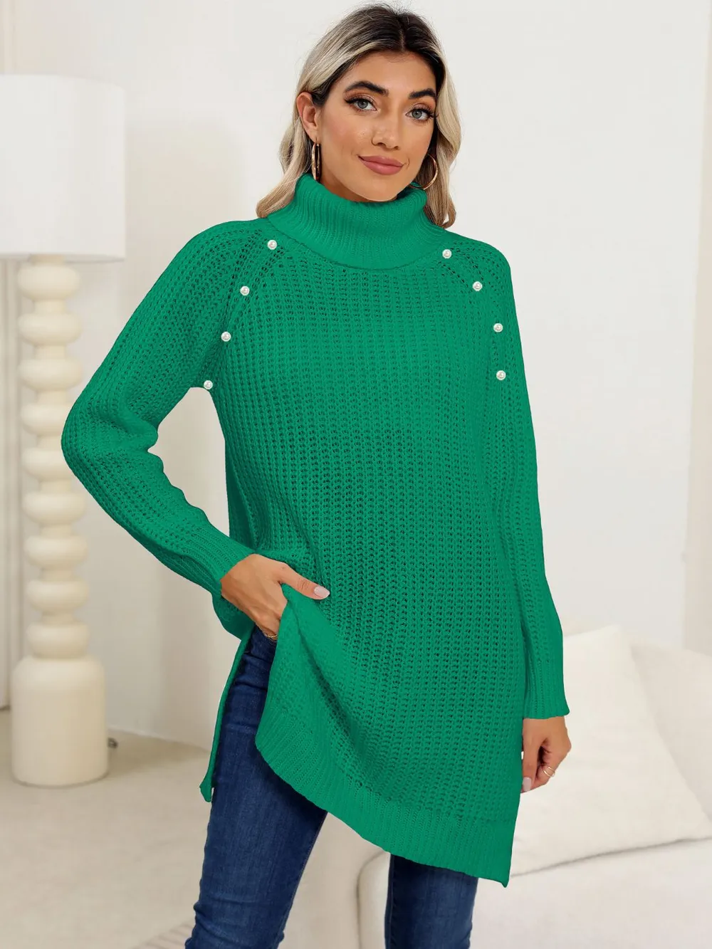 Slit Turtleneck Long Sleeve Sweater - Image 11