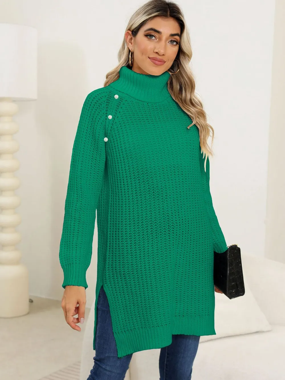 Slit Turtleneck Long Sleeve Sweater - Image 12