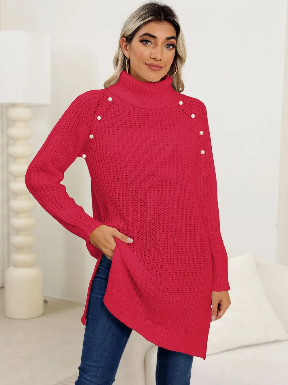 Slit Turtleneck Long Sleeve Sweater - Image 15