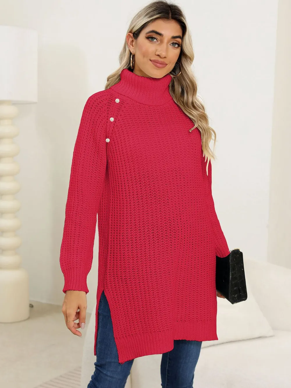 Slit Turtleneck Long Sleeve Sweater - Image 17