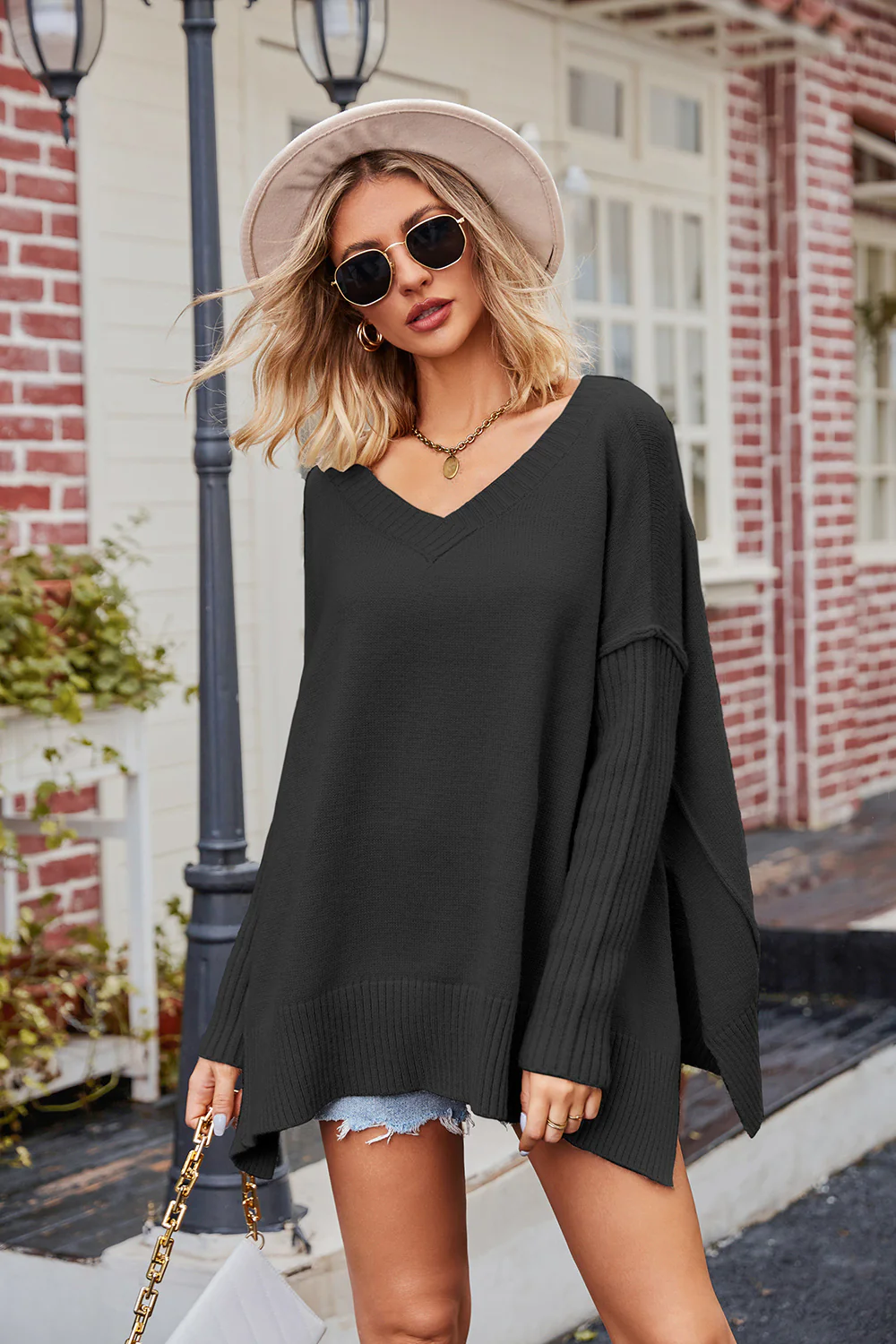 Slit V-Neck Dropped Shoulder Sweater - Image 21