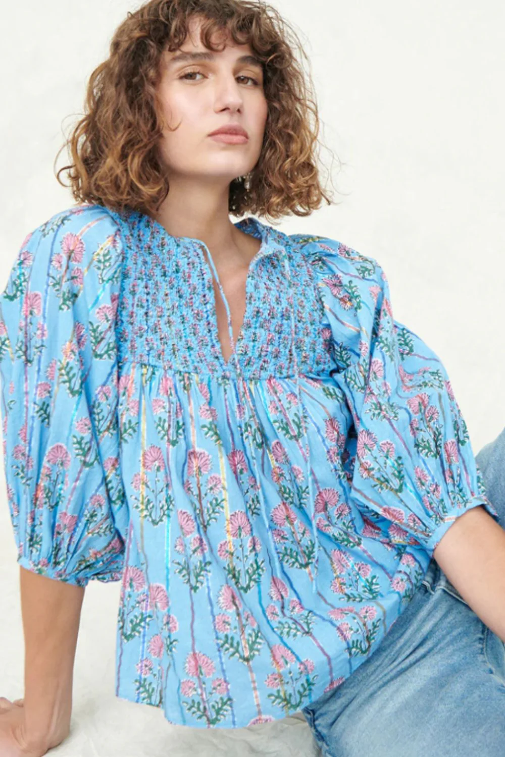Smocked Floral Print Tie Neck Blouse - Image 2