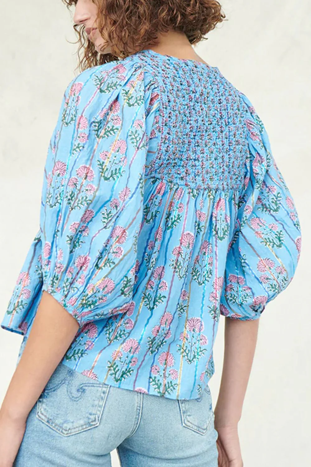 Smocked Floral Print Tie Neck Blouse - Image 3