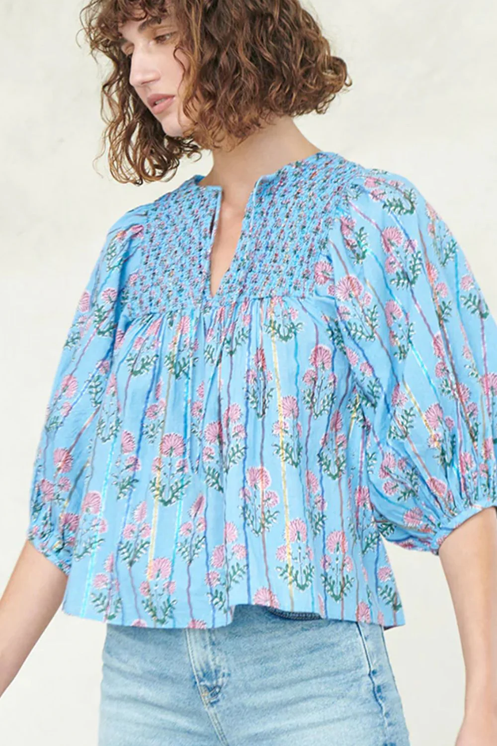 Smocked Floral Print Tie Neck Blouse - Image 4