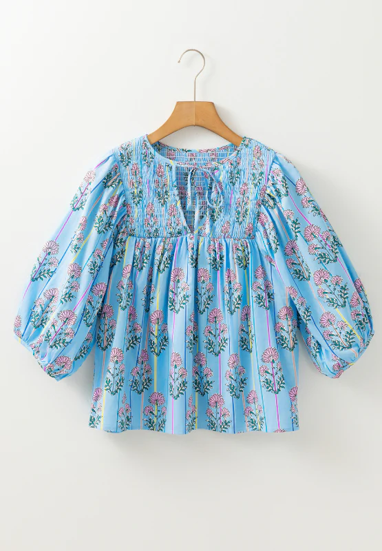 Smocked Floral Print Tie Neck Blouse - Image 5