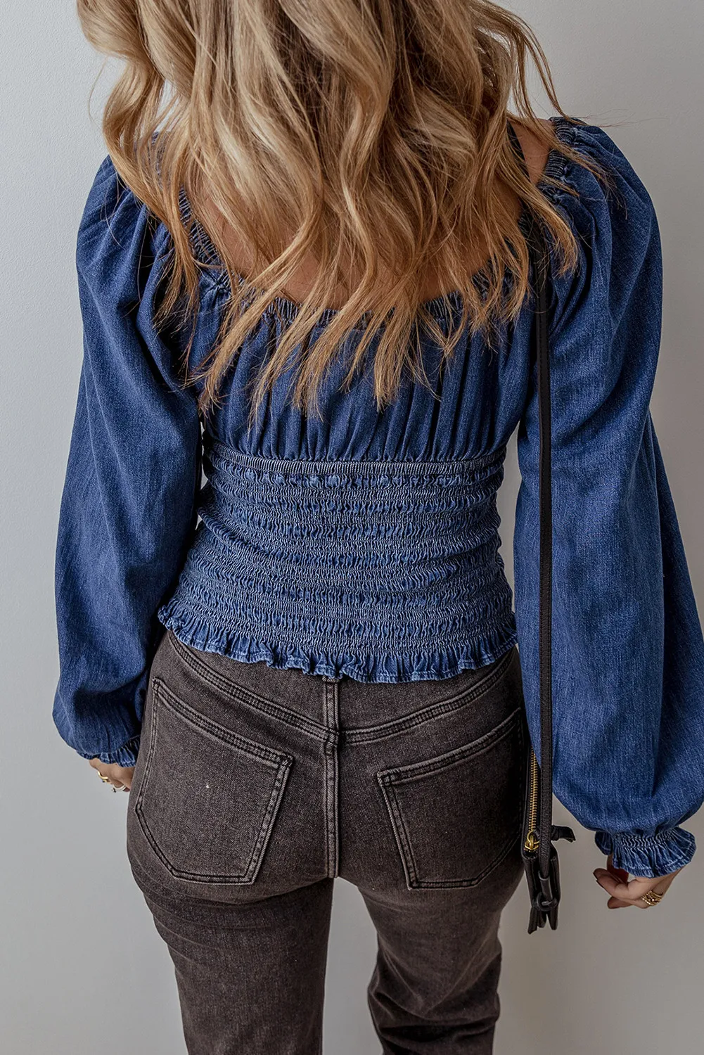 Smocked Long Sleeve Denim Top - Image 4