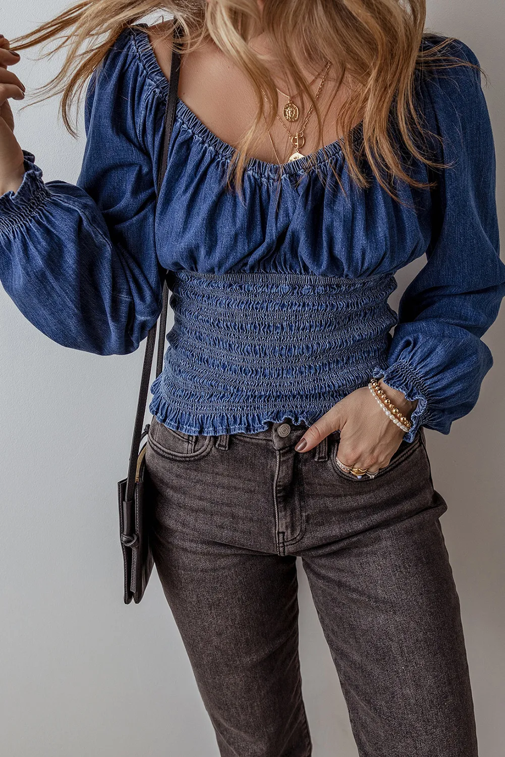 Smocked Long Sleeve Denim Top - Image 5
