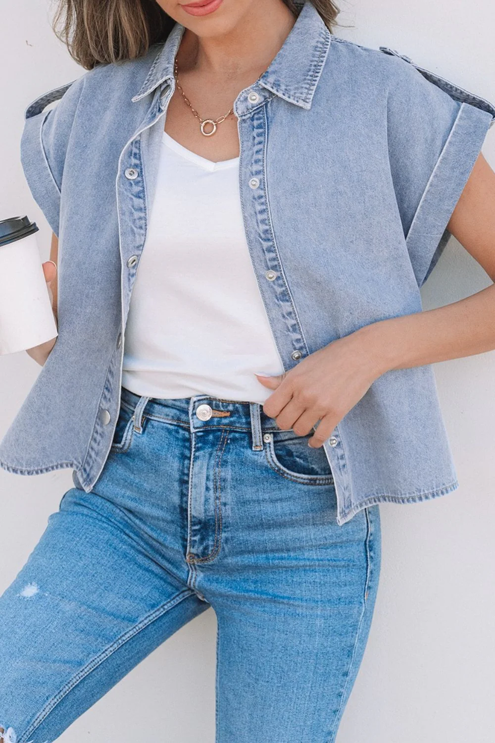Snap Down Cap Sleeve Denim Top - Image 2