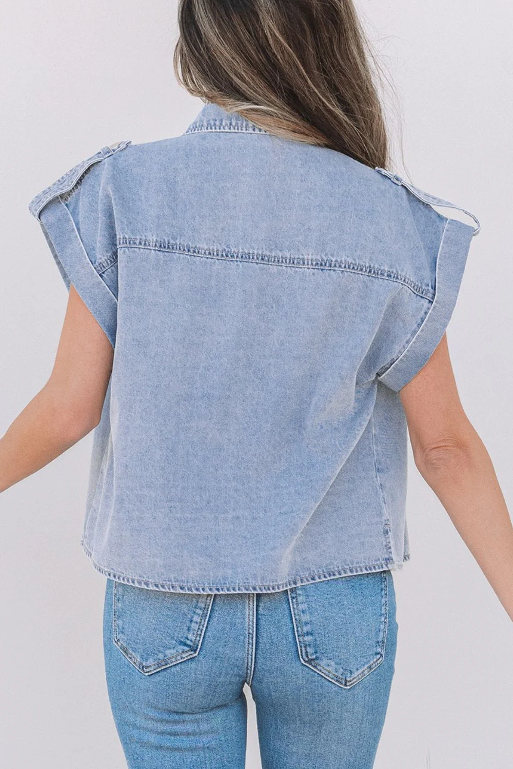 Snap Down Cap Sleeve Denim Top - Image 3