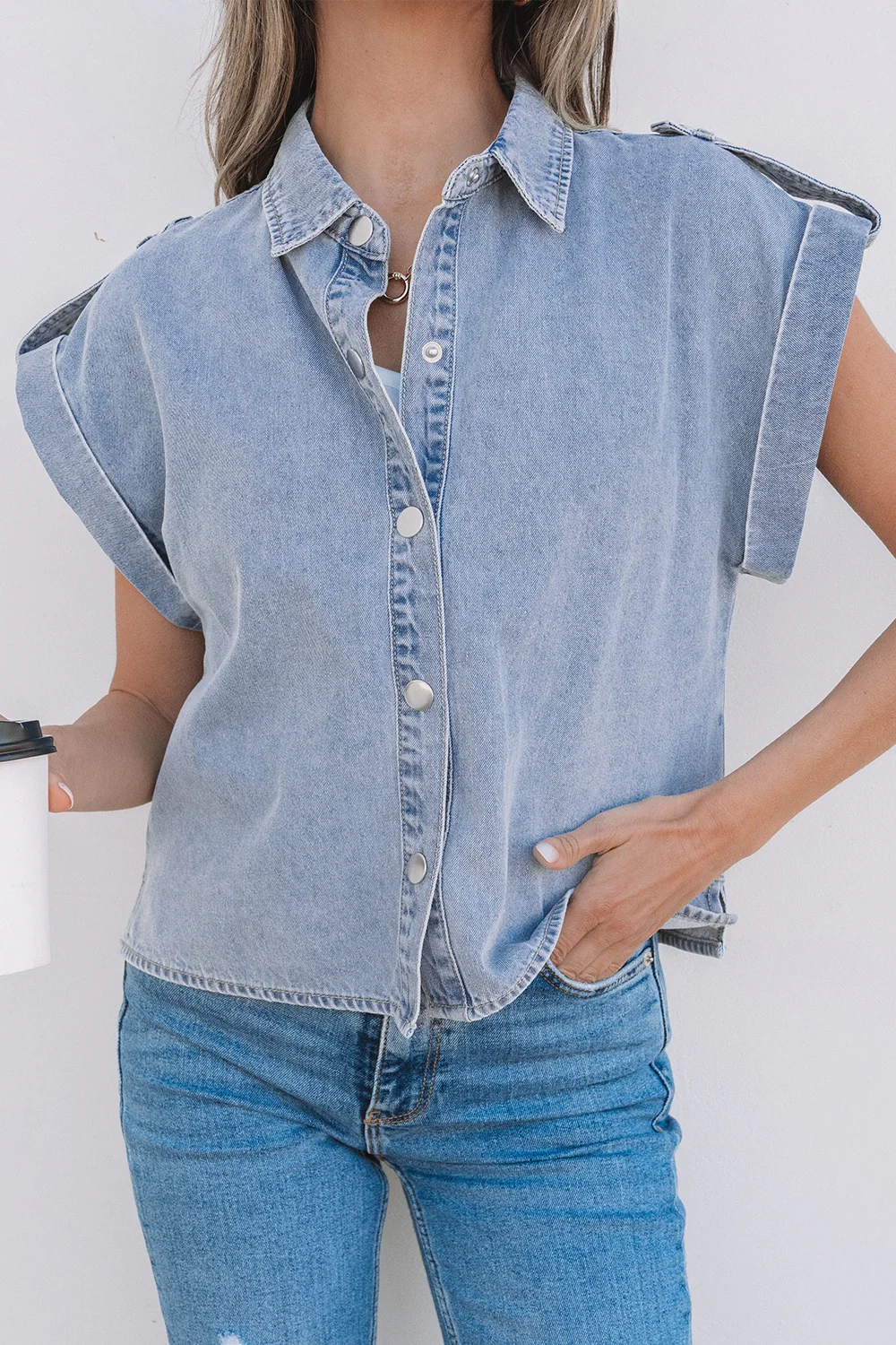 Snap Down Cap Sleeve Denim Top - Image 4