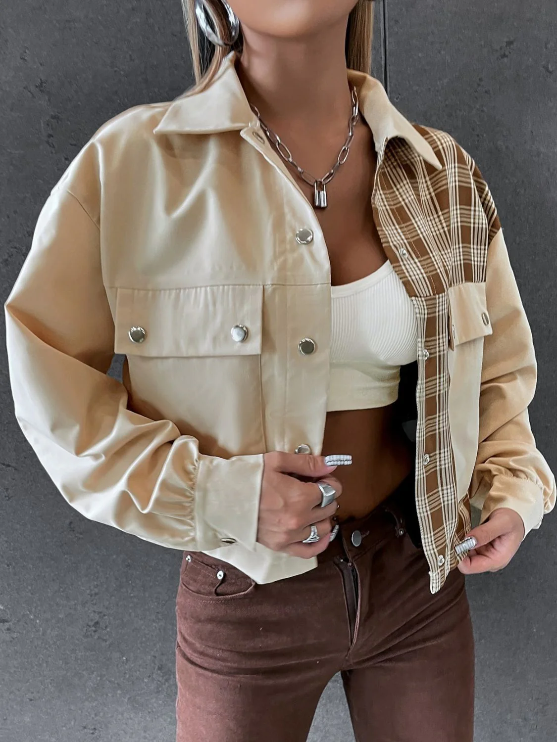 Snap Down Color Block Plaid Jacket - Image 2
