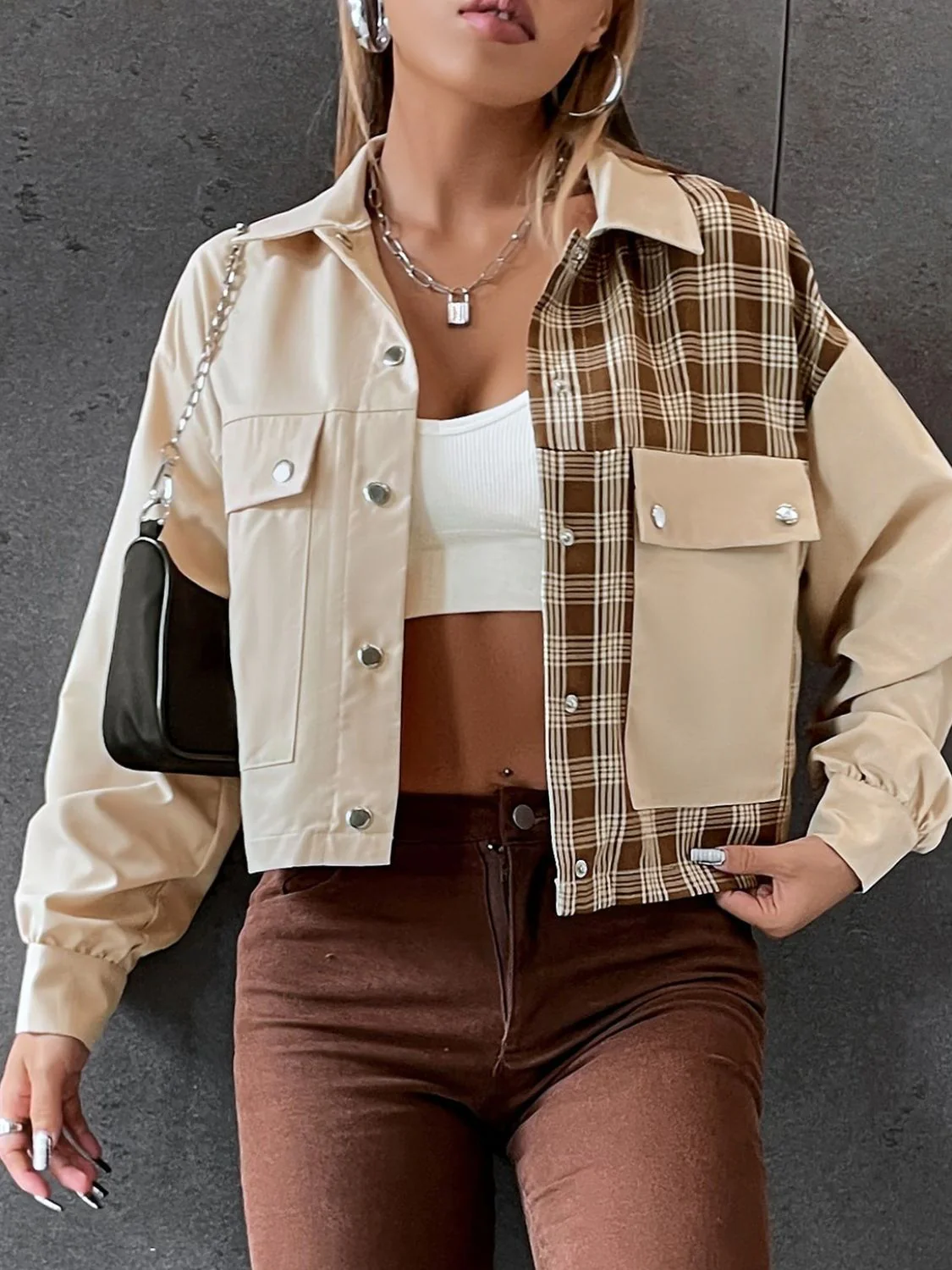 Snap Down Color Block Plaid Jacket - Image 5