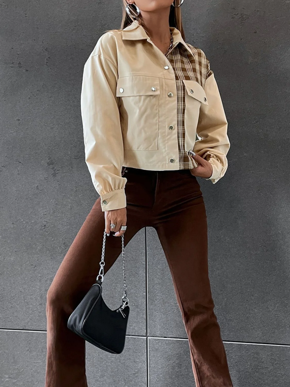 Snap Down Color Block Plaid Jacket - Image 6