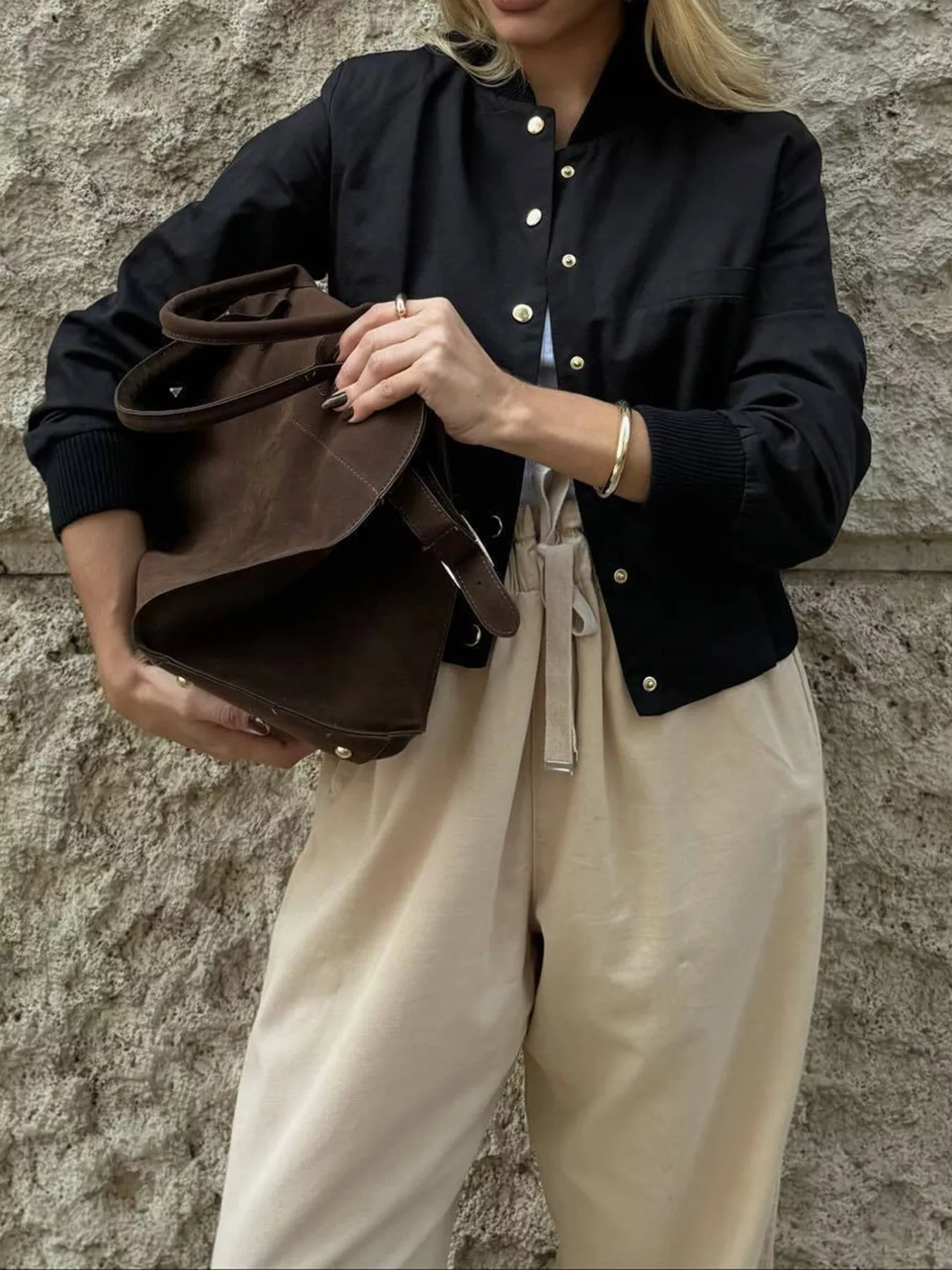 Snap Down Cropped Bomber Jacket - Image 2