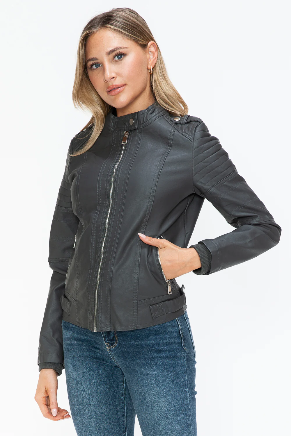 Snobbish PU Leather Biker Jacket with Side Zip Pockets - Image 8