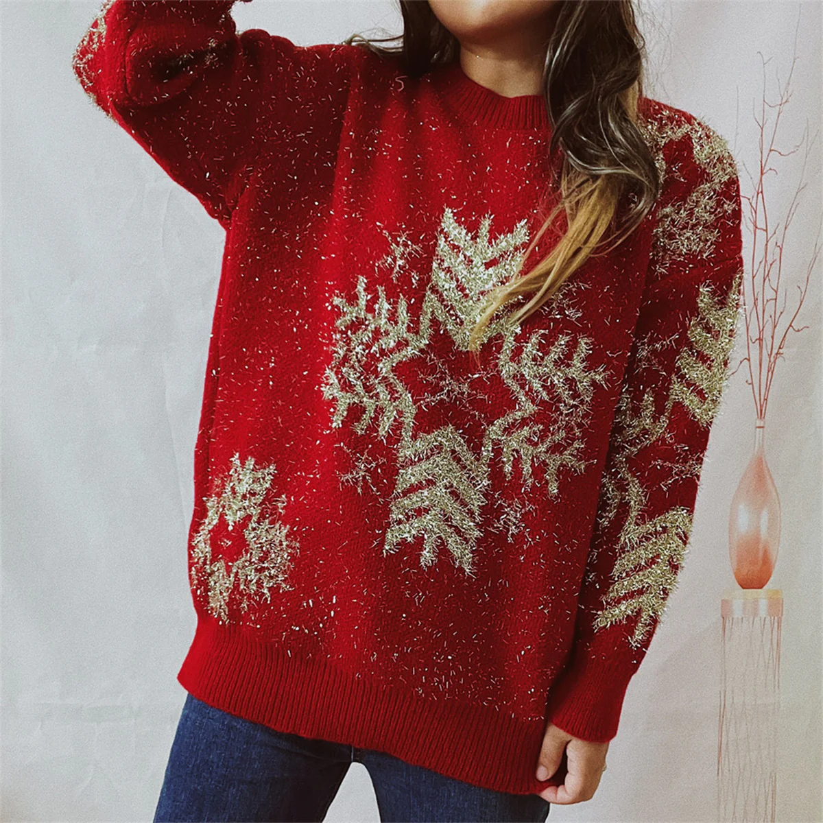 Snowflake Pattern Long Sleeve Sweater - Image 3