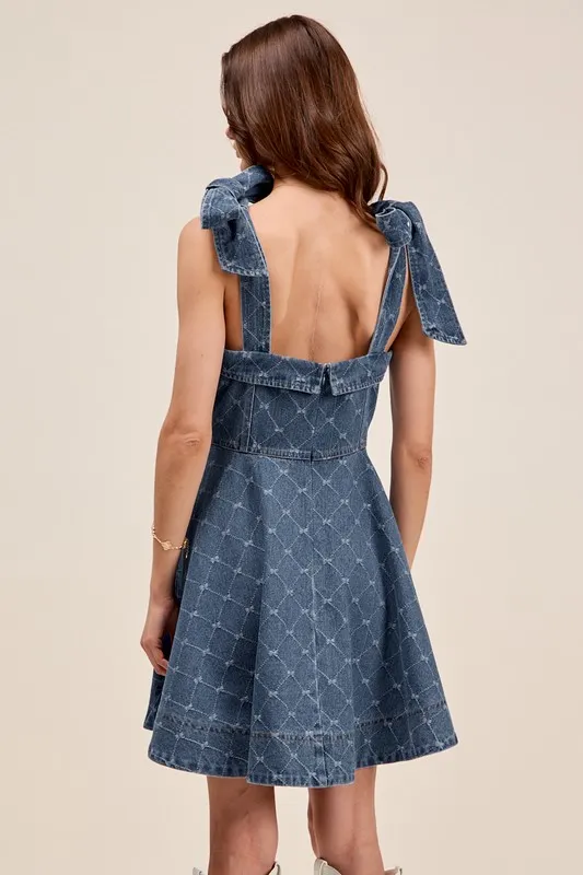SO ME A Line Fit and Flare Diamond Bow Ribbon Denim Dres - Image 3