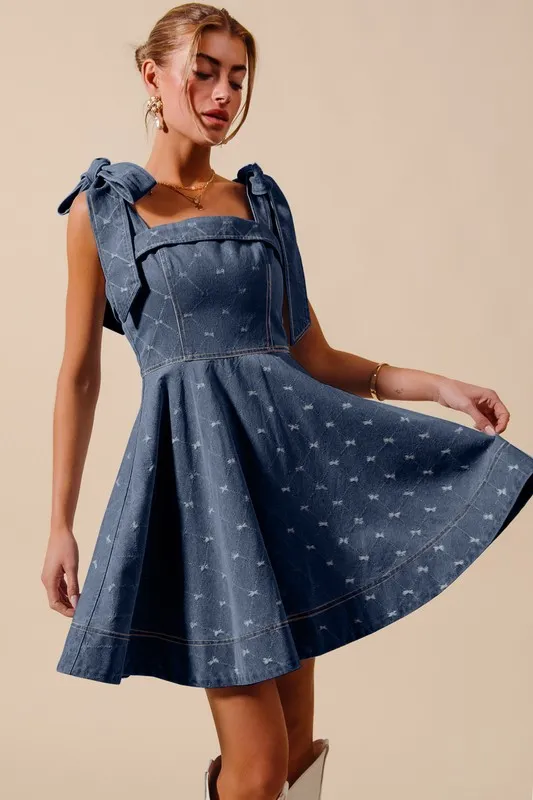 SO ME A Line Fit and Flare Diamond Bow Ribbon Denim Dres - Image 9