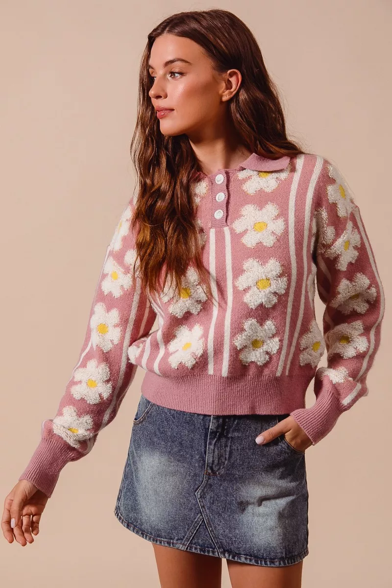 SO ME Floral Stripe Polo Collar Sweater - Image 2