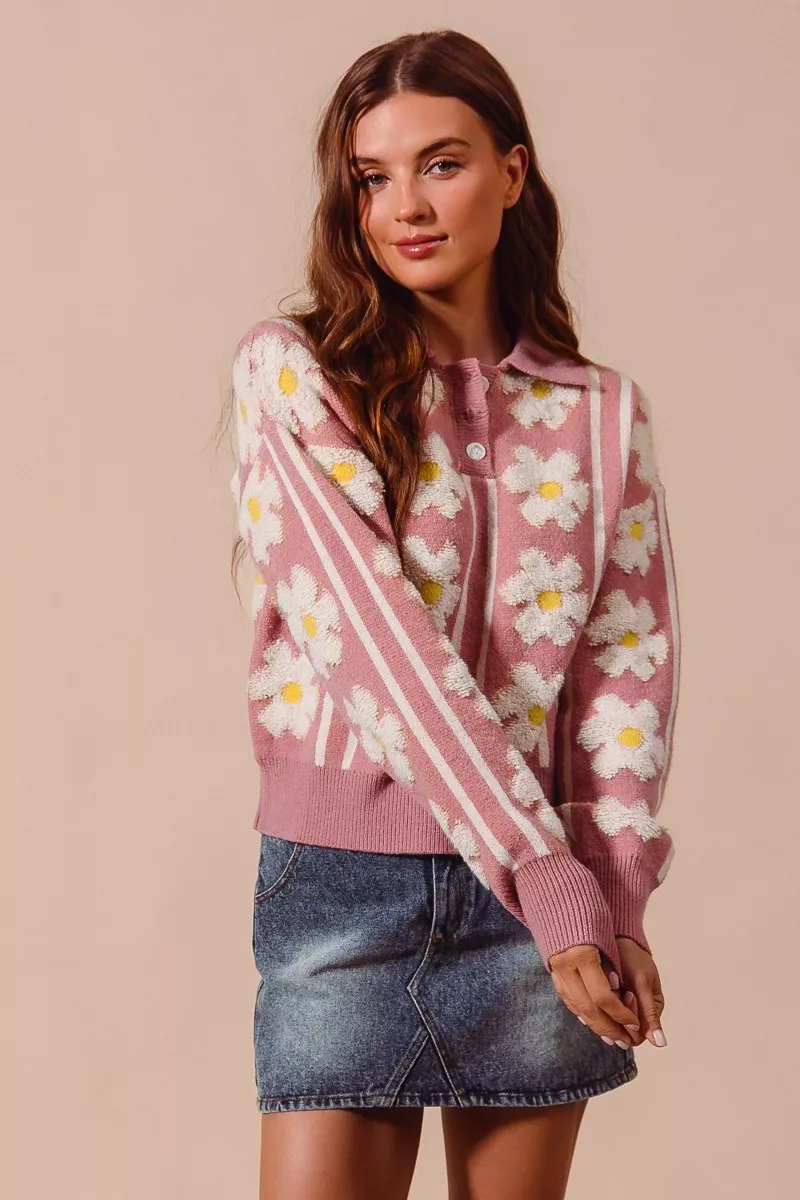 SO ME Floral Stripe Polo Collar Sweater - Image 3