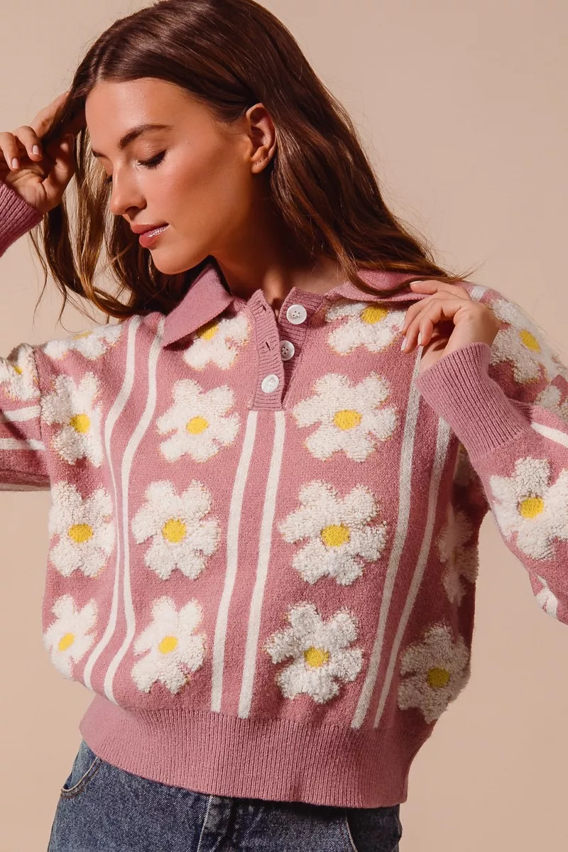 SO ME Floral Stripe Polo Collar Sweater - Image 4