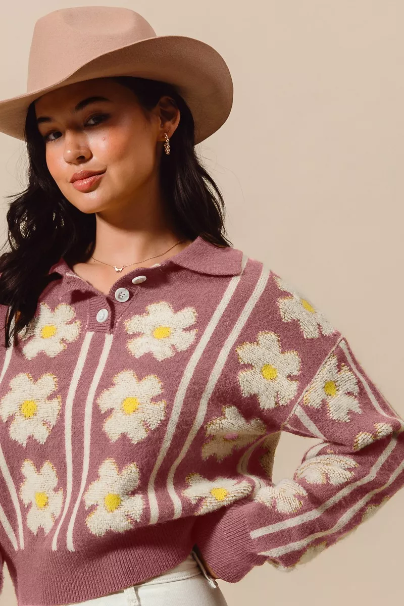 SO ME Floral Stripe Polo Collar Sweater - Image 5