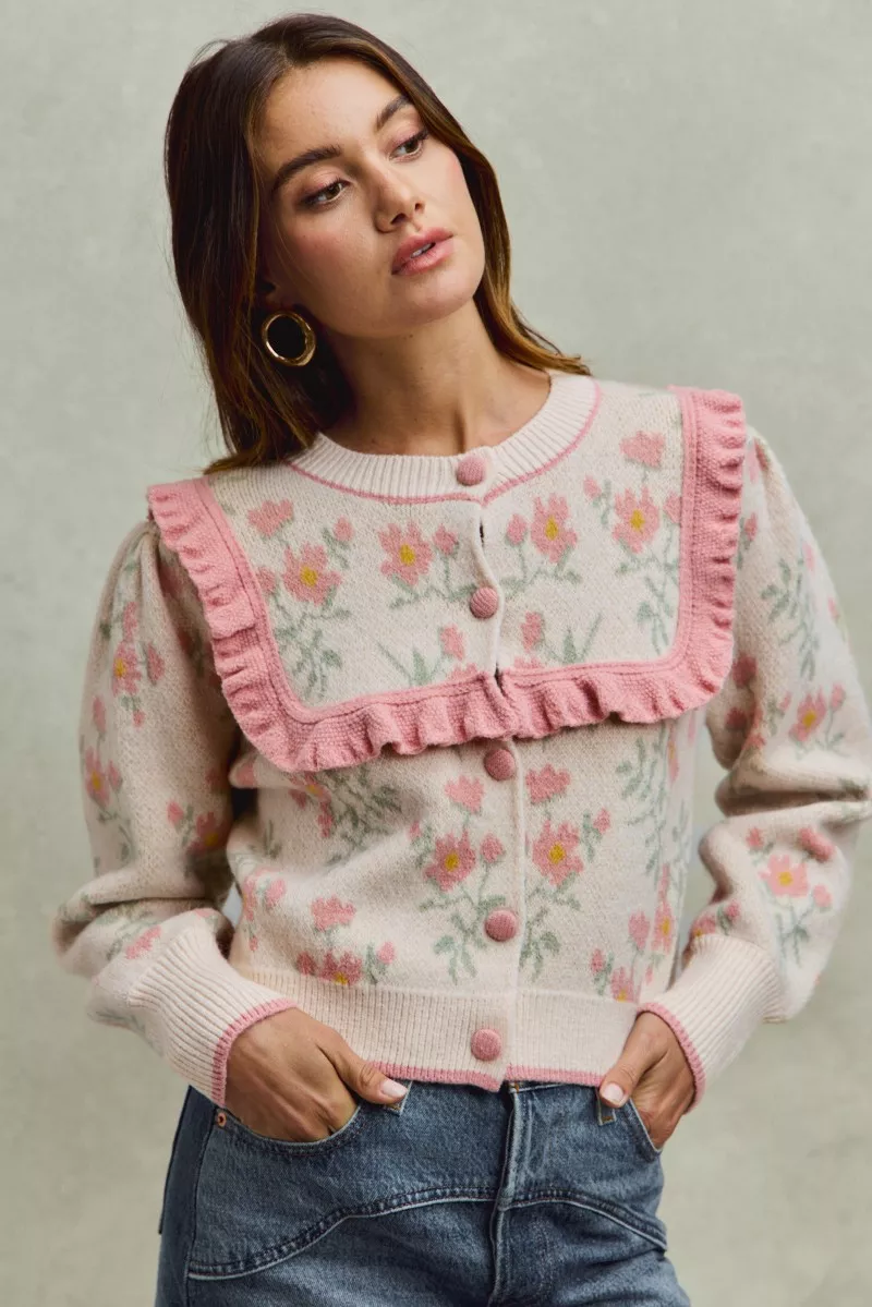 SO ME Flower With Ruffle Detailing Sweater Cardigan - Image 11