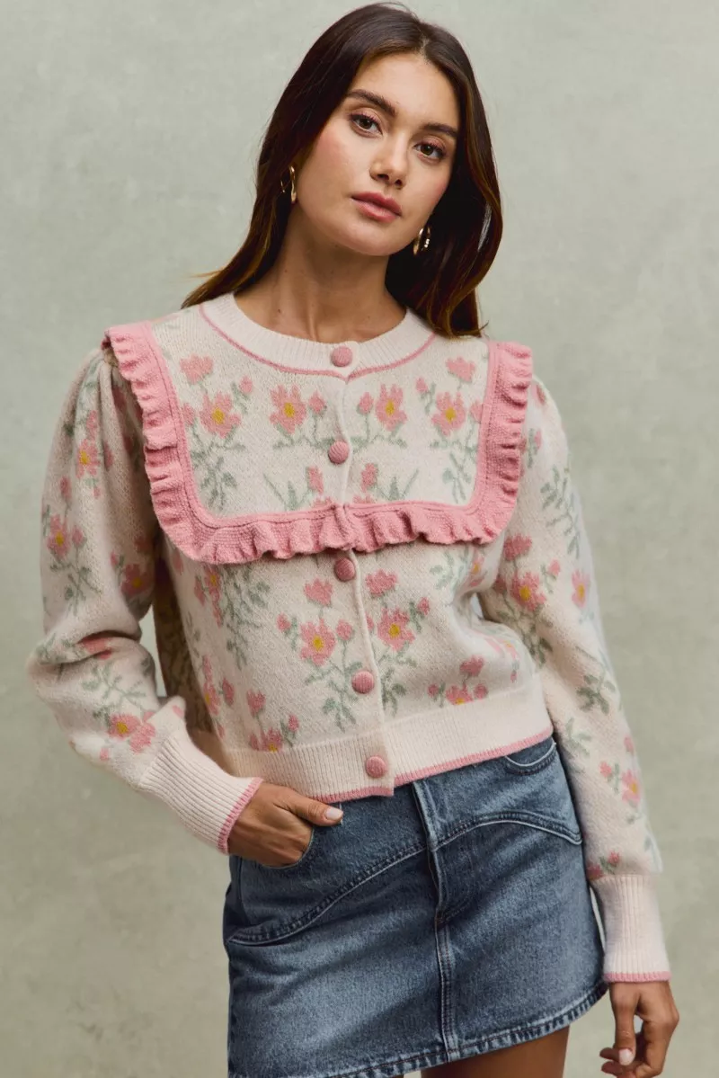 SO ME Flower With Ruffle Detailing Sweater Cardigan - Image 12