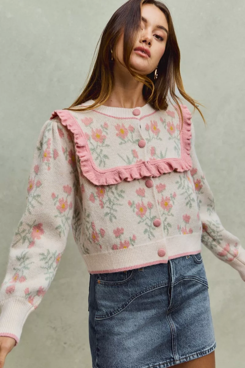 SO ME Flower With Ruffle Detailing Sweater Cardigan - Image 13