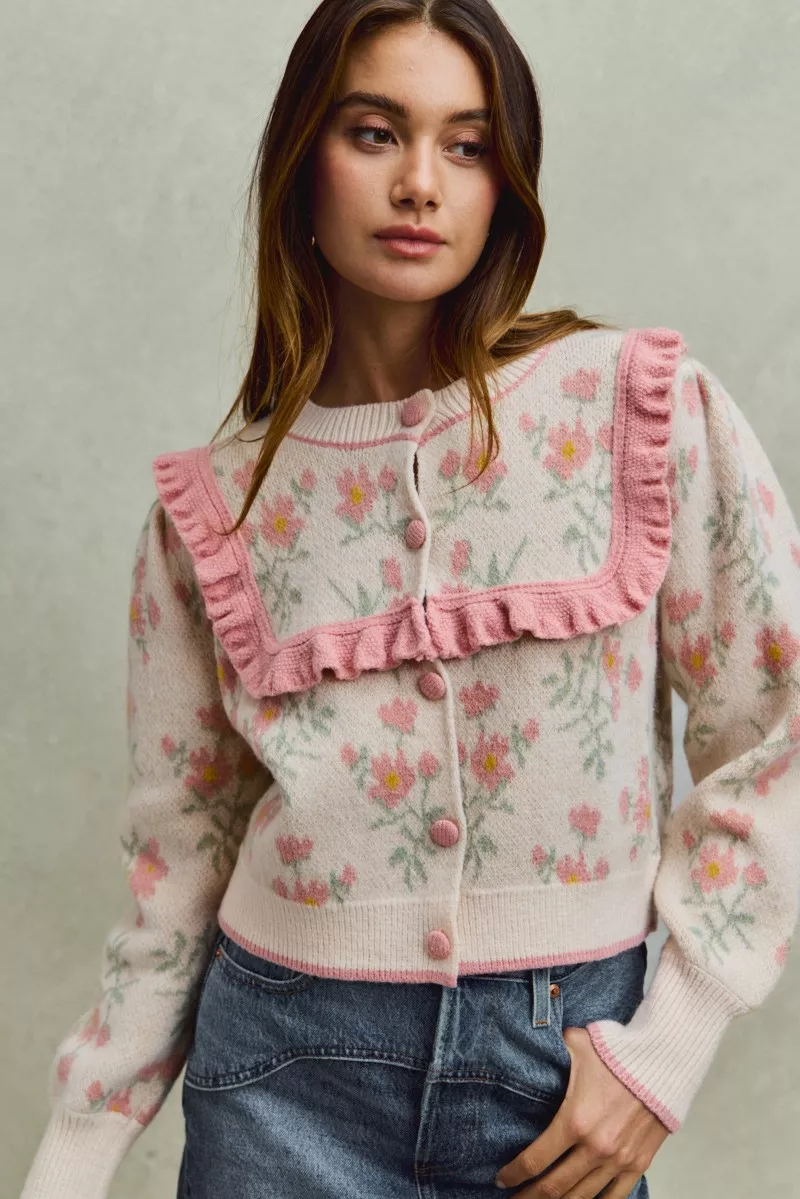 SO ME Flower With Ruffle Detailing Sweater Cardigan - Image 2
