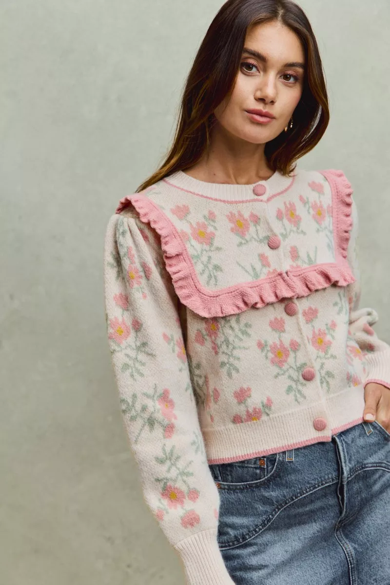 SO ME Flower With Ruffle Detailing Sweater Cardigan - Image 8