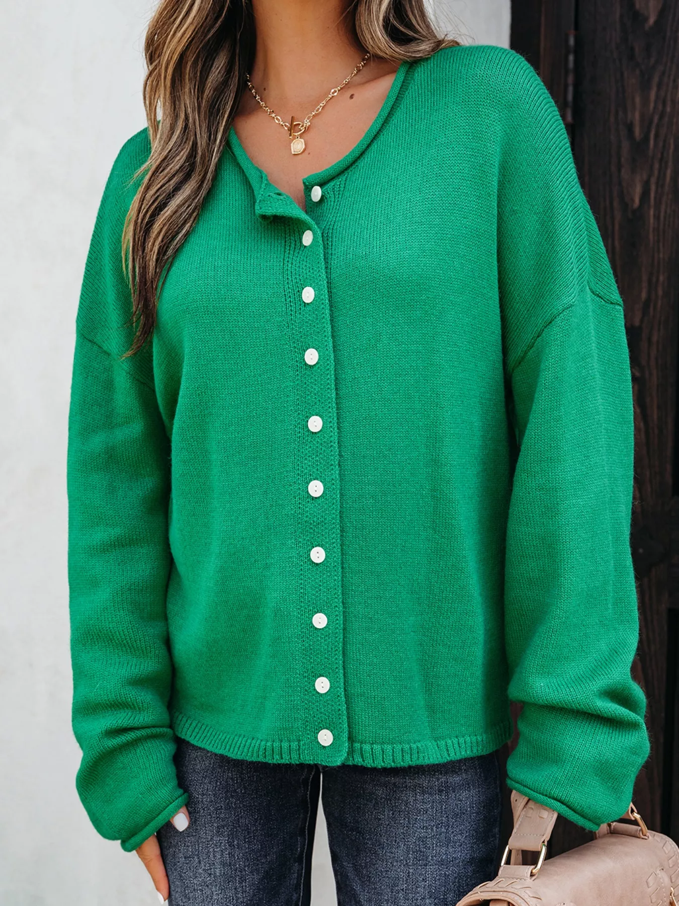 Solid Color Knit Button Drop Shoulder Sweater Cardigan - Image 3