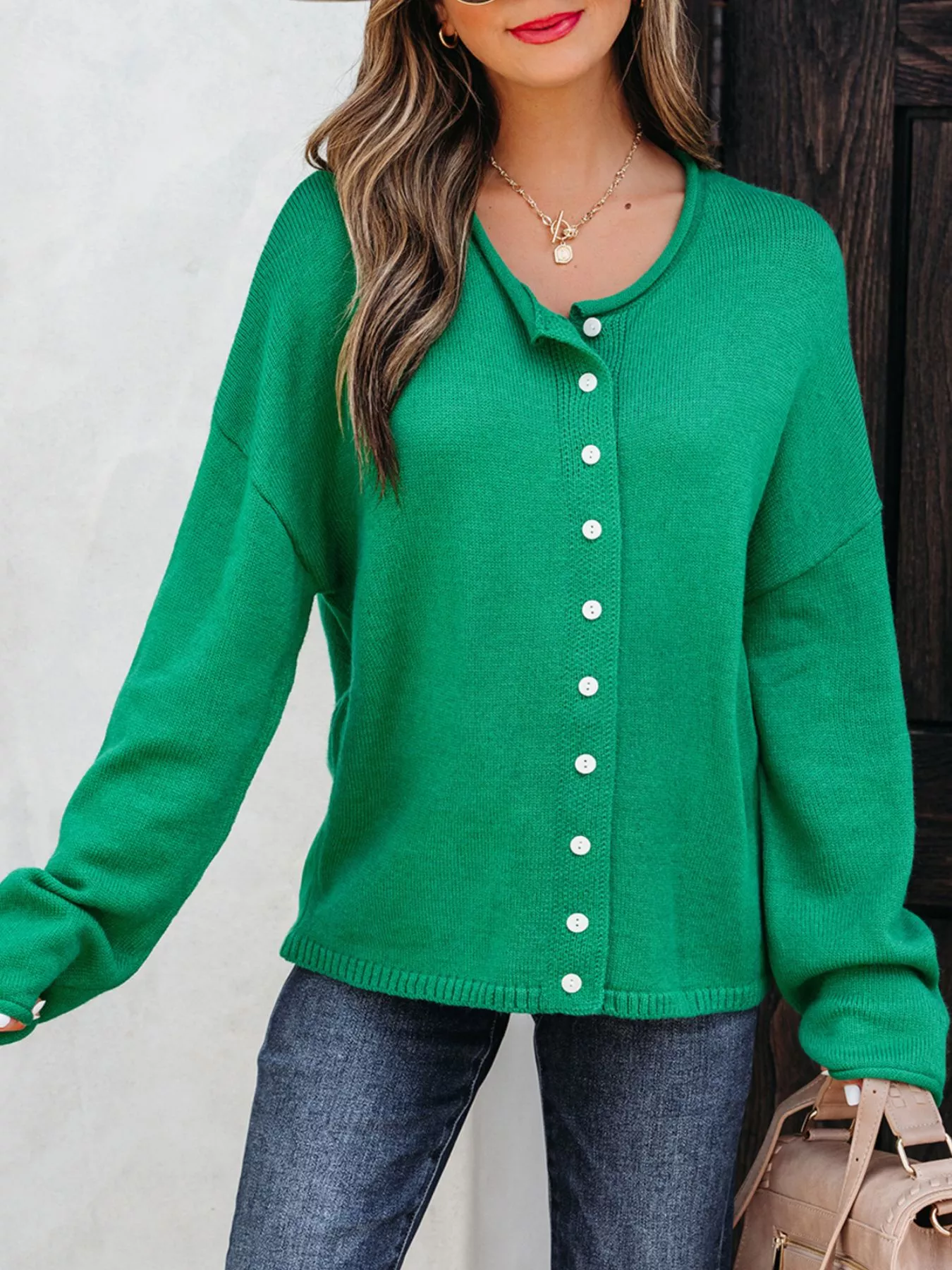 Solid Color Knit Button Drop Shoulder Sweater Cardigan - Image 4