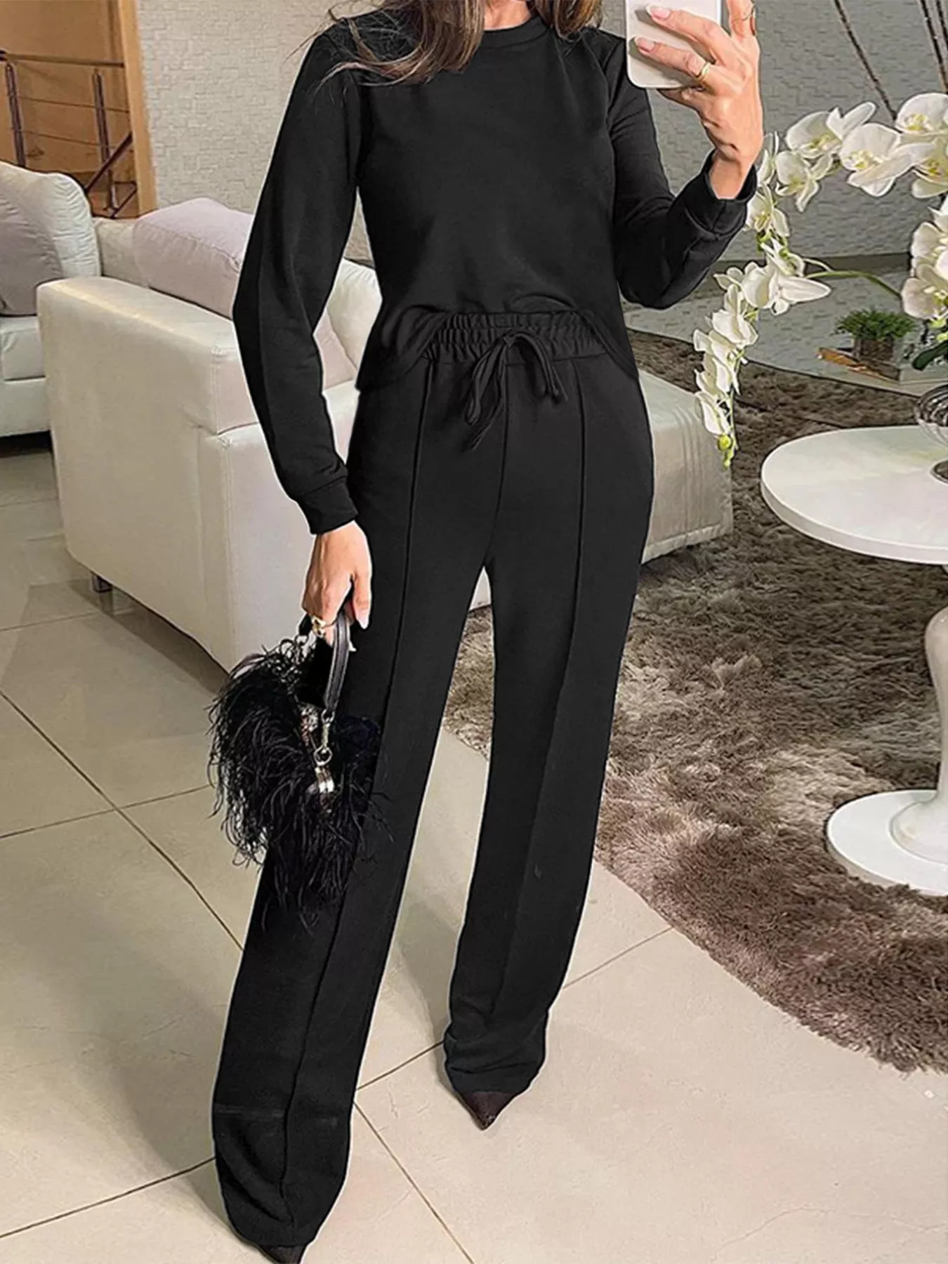 Solid Color Long Sleeve Top & Wide Leg Pants Set - Image 2