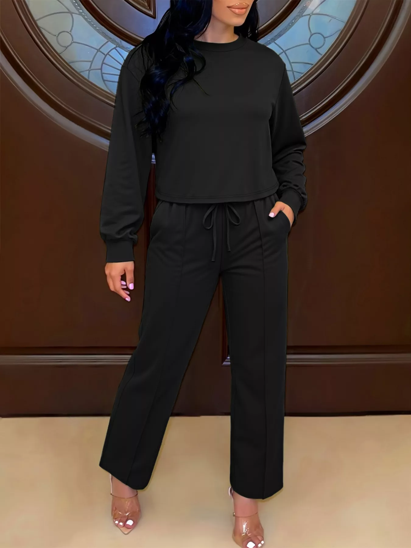 Solid Color Long Sleeve Top & Wide Leg Pants Set - Image 4
